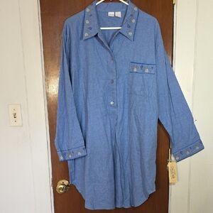 CHEROKEE Chambray Blue Embroidered Flannel Pajama Top NWT